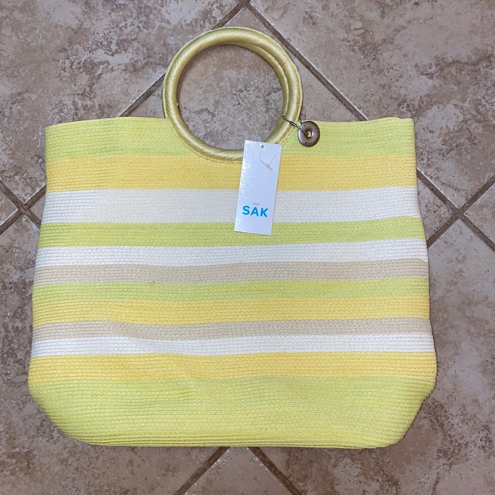 NWT The Sak Yellow Cream Lime striped Tote with Round Handles
